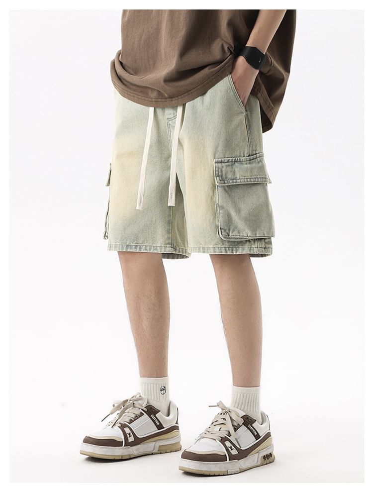 AXEN - Gewassen cargo denim shorts met trekkoordtaille