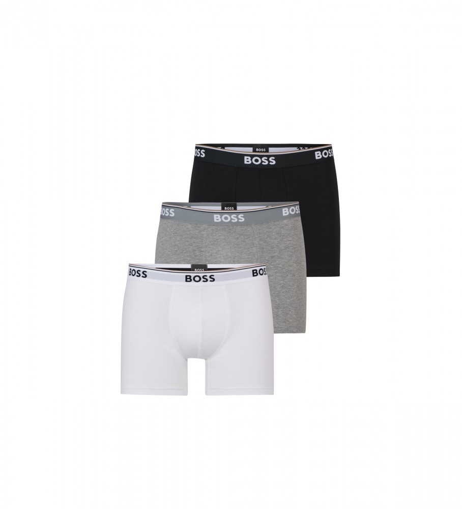 Cuecas Boxer BOSS Pack 3P Power nas cores cinza, branco e preto.