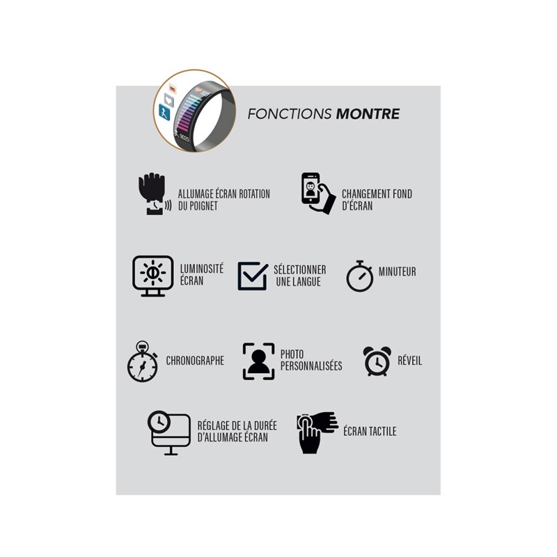 Montre connectée Smarty 2.0 - Bracelet en silicone - Alerte de la fréquence cardiaque, Appels Bluetooth, Chronographe, Effet lampe torche
