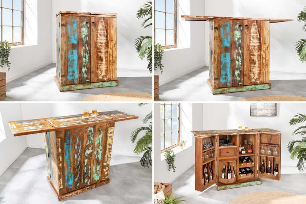 Einzigartiger Barschrank JAKARTA 100cm natur bunt recyceltes Massivholz aus Fischerbooten