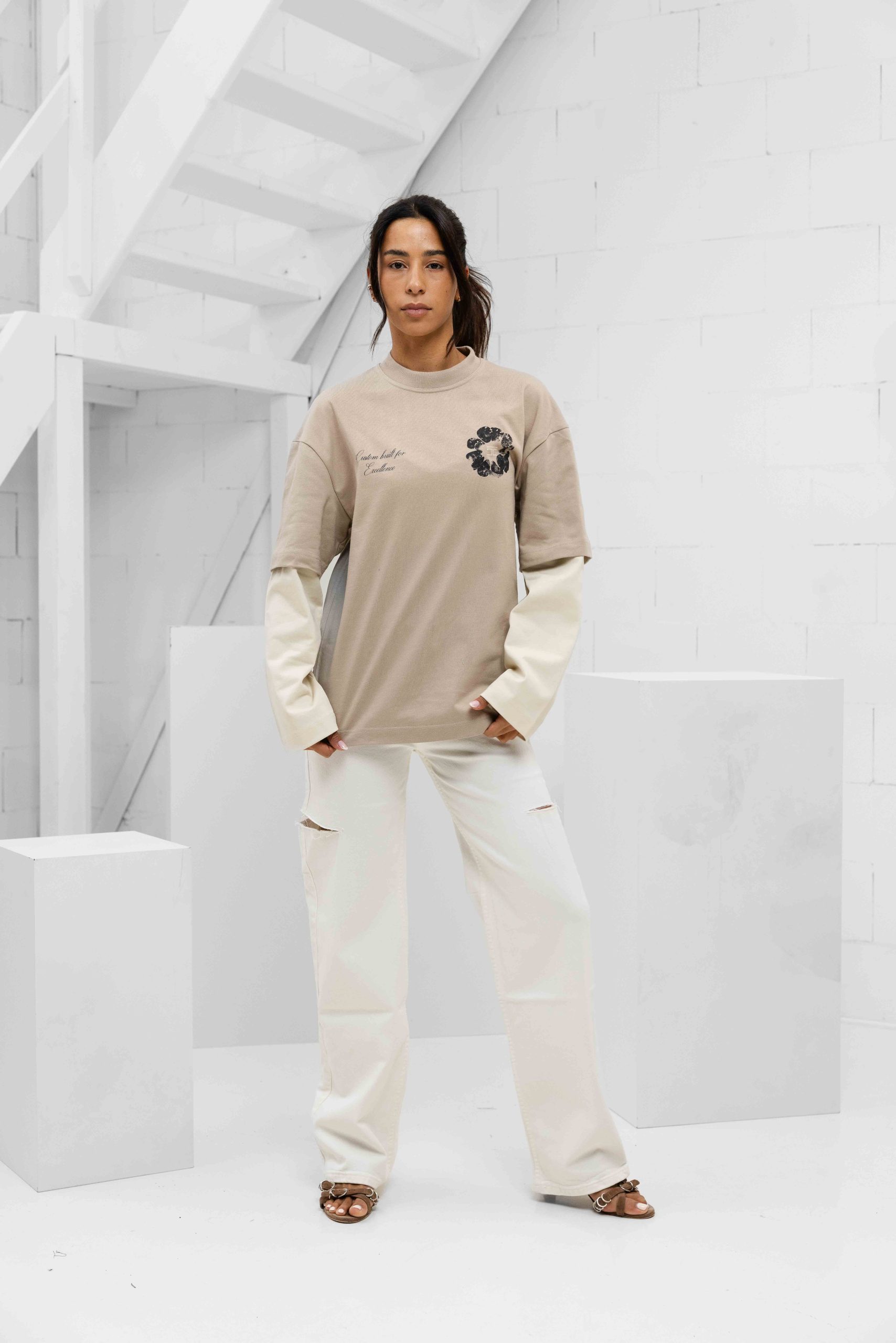 Jorcustom Flowers Double Layered Longsleeve T-Shirt Dames Taupe/Beige