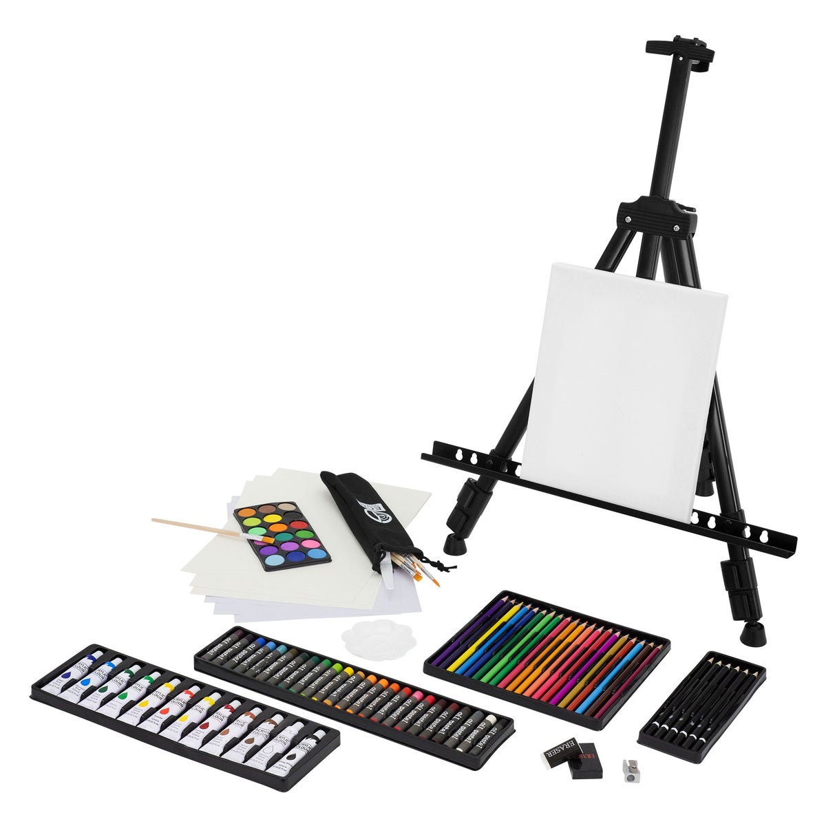 ECD Germany 140-delige XXL schilderset met ezel, kunstenaarsset acryl & tekenset - kleurpotloden, canvas, penselenset, waterverf, pastels, aluminium staande ezel, schilderset met studio-ezel