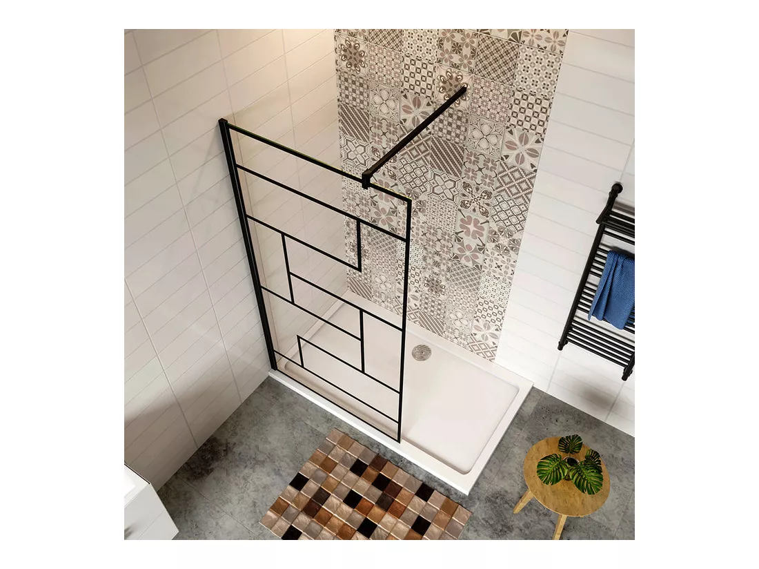 Paroi de douche 140x200cm fixe à l'italienne avec barre de fixation noire carrée 90cm, en 8mm verre anticalcaire style moderne