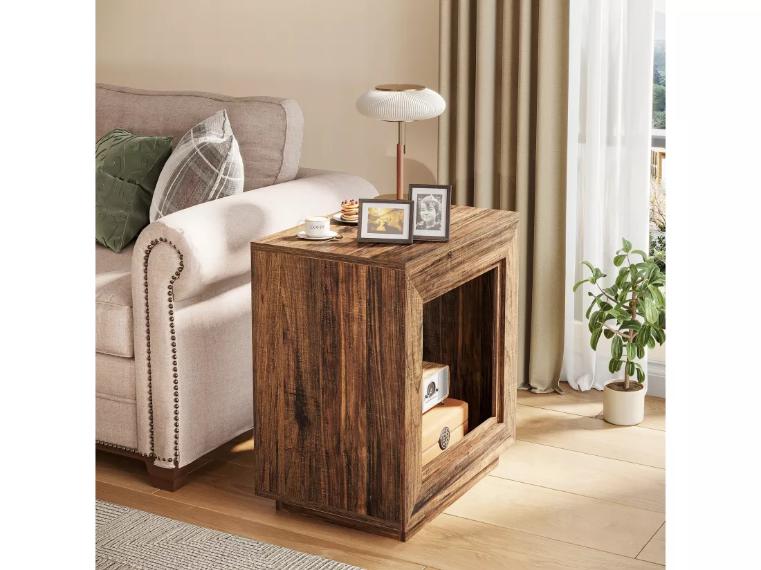 Tribesigns Petite Table d'Appoint Bout de Canapé en Bois, Table de Chevet Carrée pour Chambre à Coucher avec Étagère de Rangement pour Salon, Entrée Rustique Marron