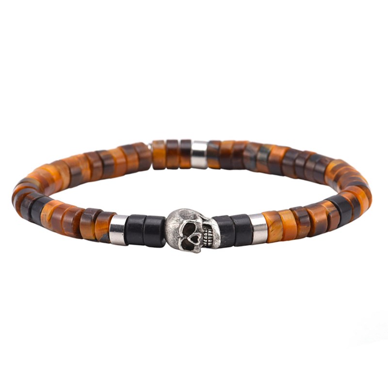 Bracelet Tête De Mort Pierres Naturelles Perles Heishi  Agate Noir Et oeil De Tigre-Small-16cm