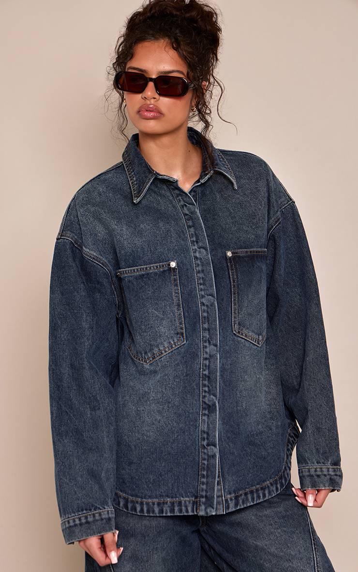 Dark Blue Wash Chemise En Jean Denim Bleu Foncé Vintage Oversize À Poches Style Charpentier