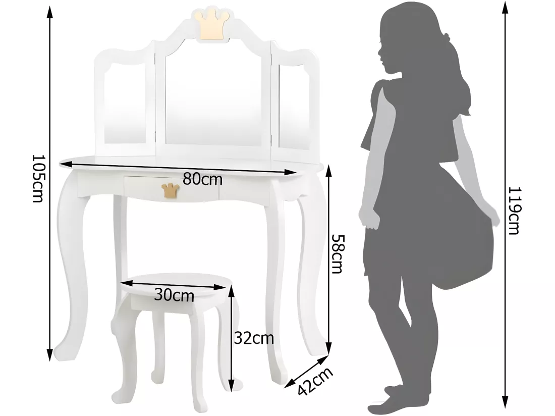 Coiffeuse pour Enfants avec Miroir à Trois Volets, Ensemble de Coiffeuse 2-en-1 avec Dessus Amovible, Tabouret Inclus, Jeu de Simulation de Beauté pour Filles (Blanc)