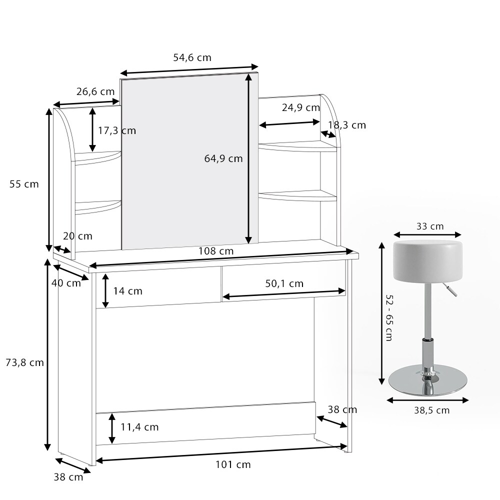 Vicco Schminktisch Charlotte Frisiertisch Kommode Frisierkommode Spiegel Schwarz inklusive Hocker und LED-Lichterkette