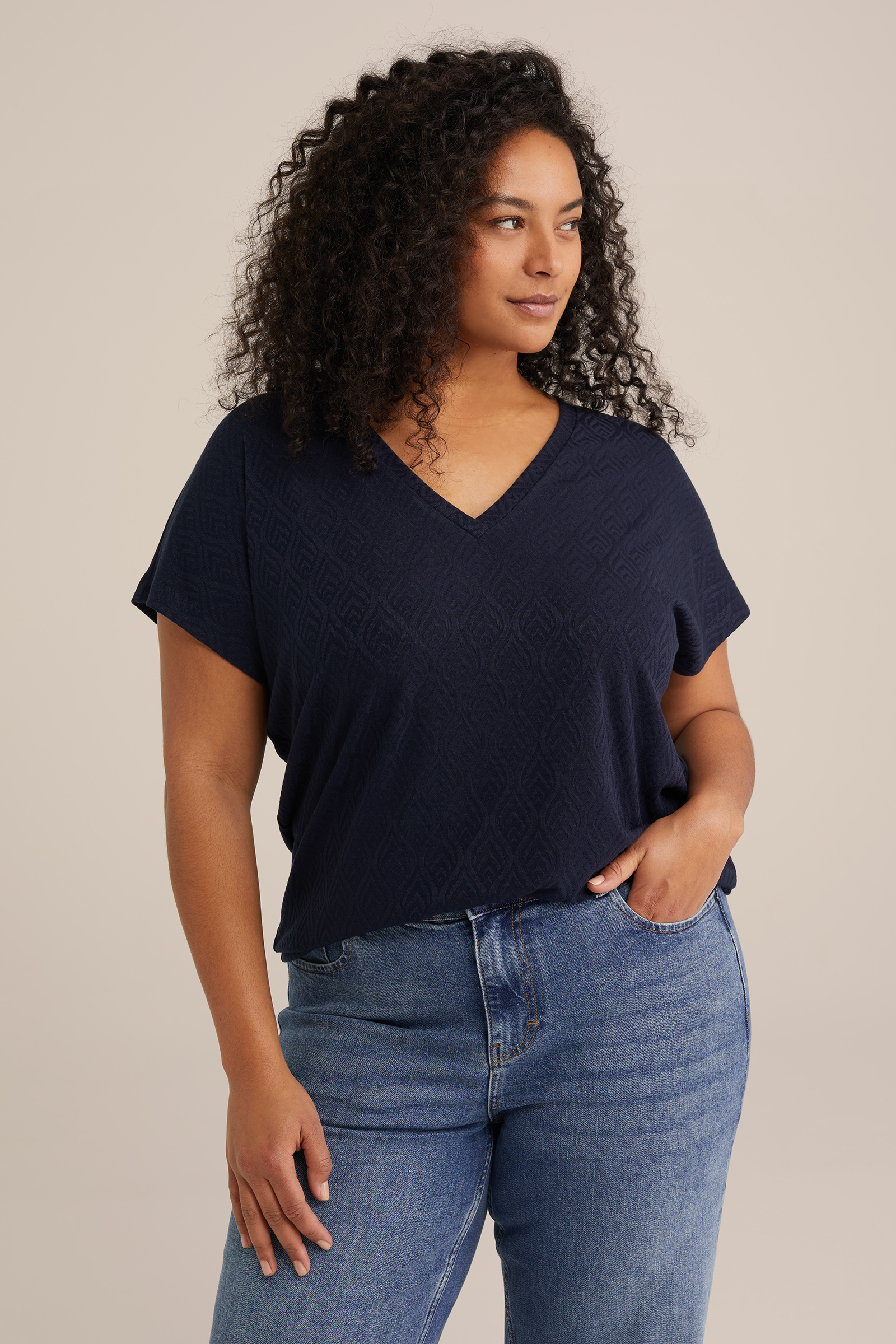 T-shirt met jacquard-dessin - Curve WE Fashion Donkerblauw