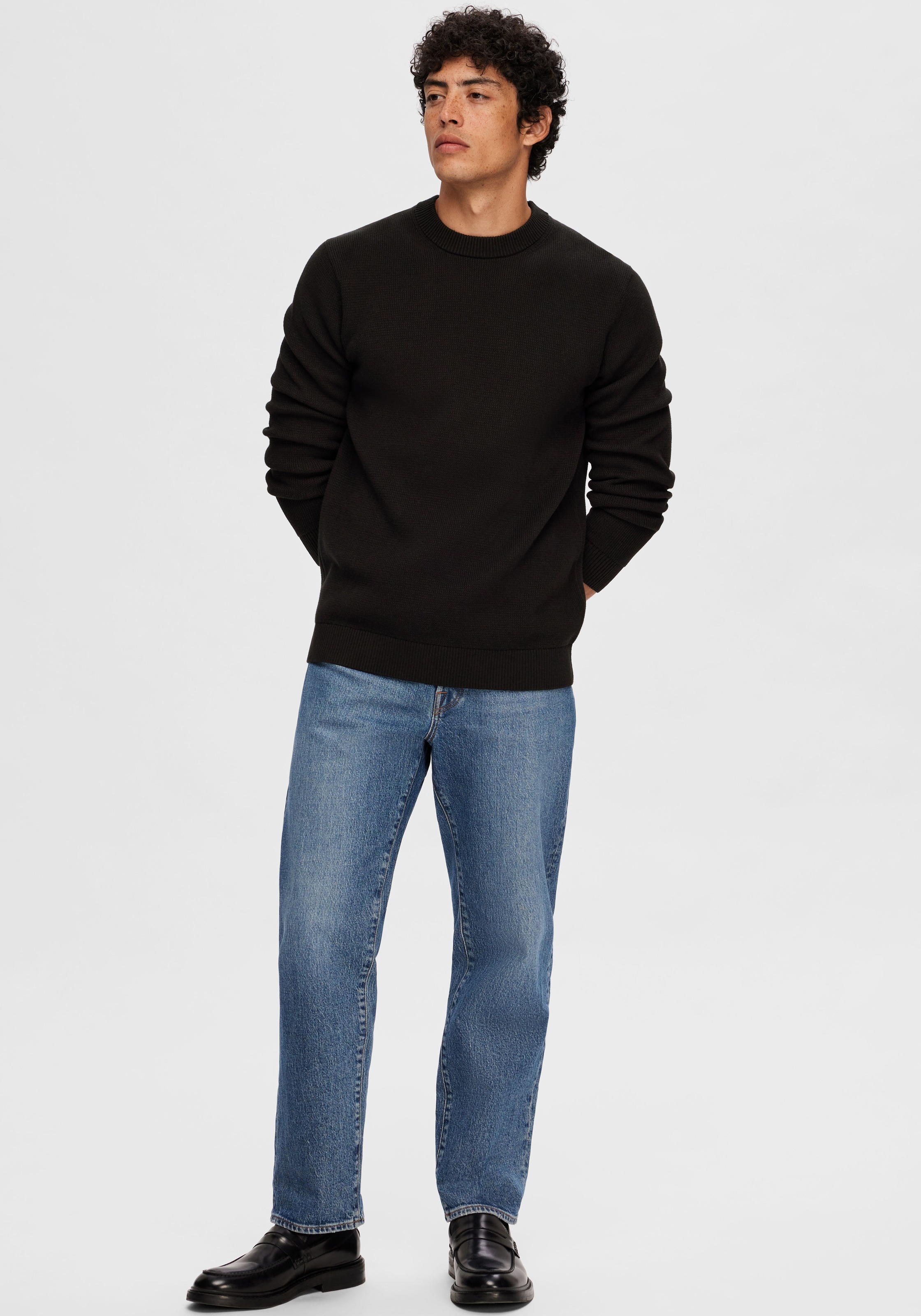 SELECTED Rundhalspullover »SLHDANE LS KNIT STRUCTURE CREW NECK NOOS« Baumwolle, regular fit