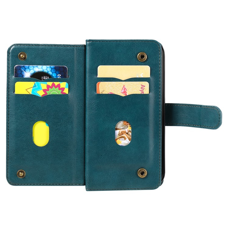 iPhone 16e Leder Tasche Flip Cover Kartenfächer mit Druckknopfverschluss - Grün