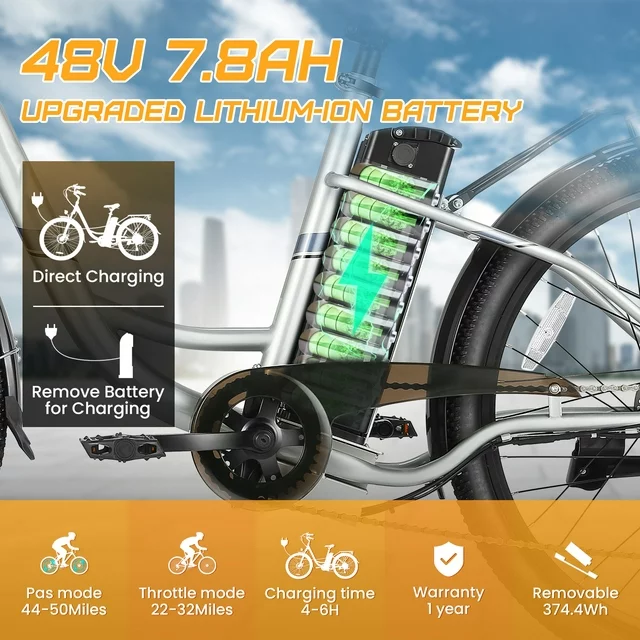 Bicicleta elétrica Gocio 500W para adultos, bicicleta híbrida elétrica de 26 polegadas para cidade, bicicleta elétrica com bateria de 48V 7.8Ah