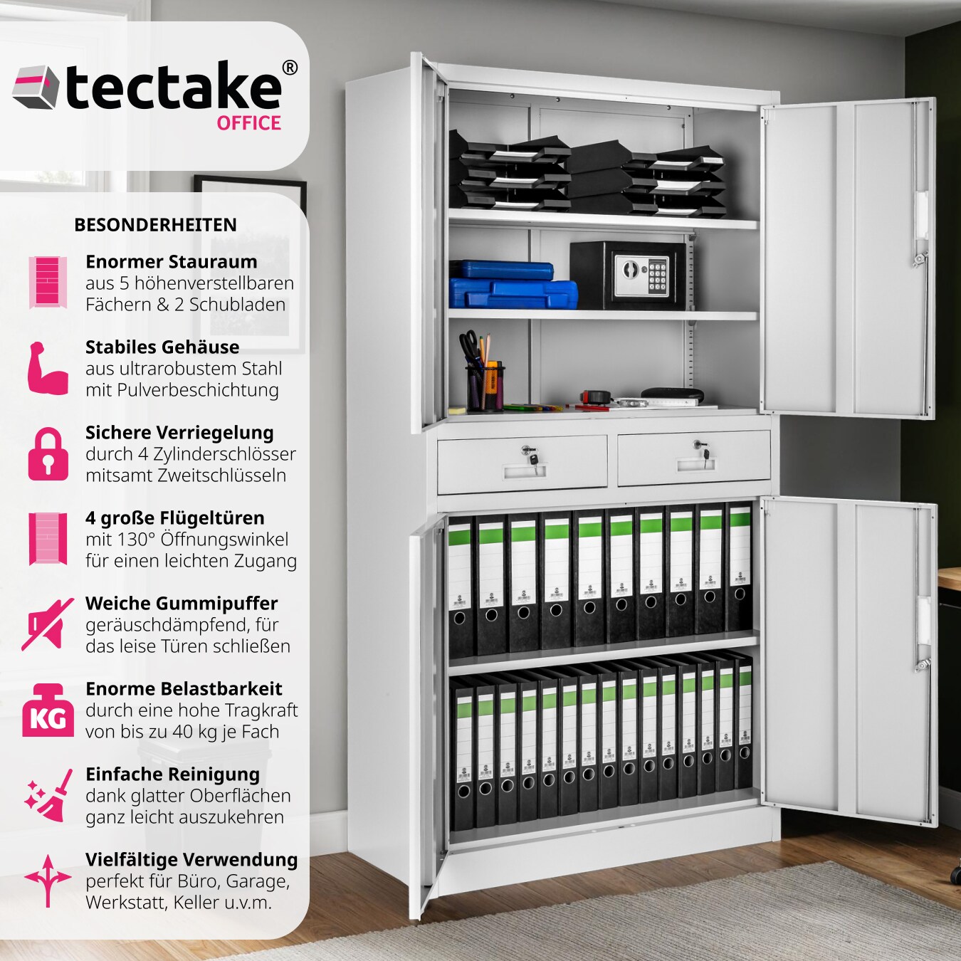 tectake® Aktenschrank, aus pulverbeschichtetem Stahl, 3 höhenverstellbare Einlegeböden, 180 x 80 x 40 cm