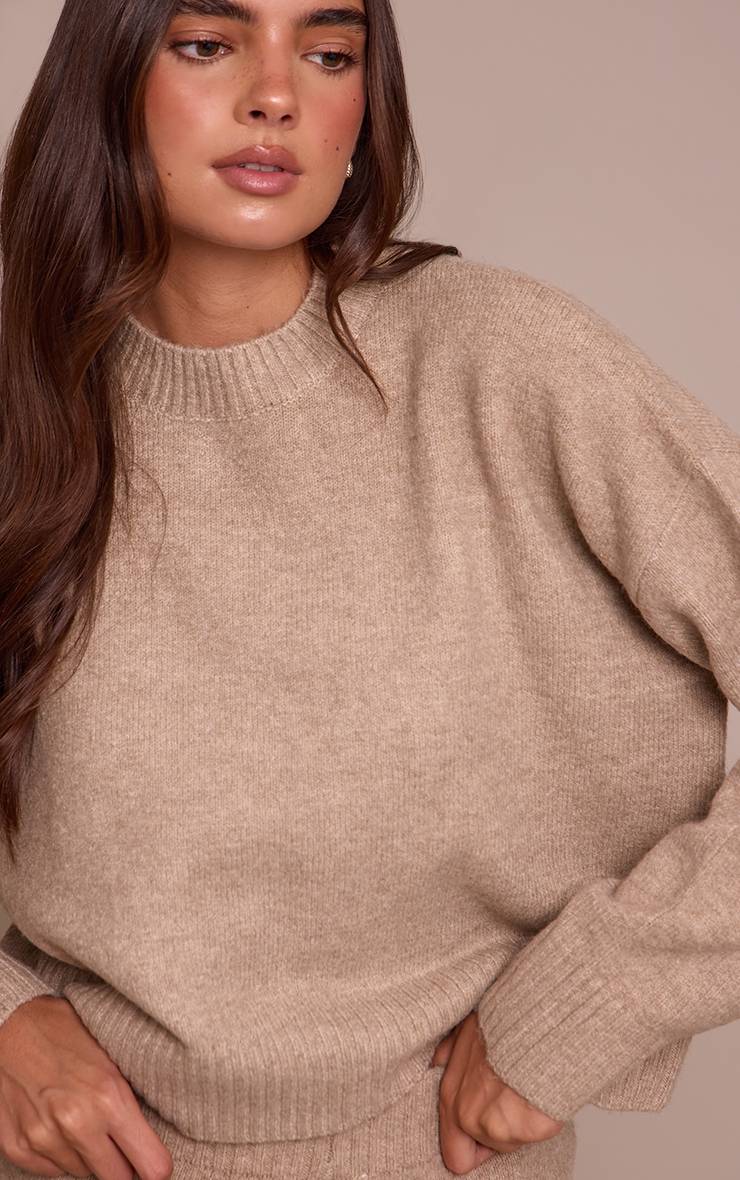 Taupe Synthétiquell Court Col Rond En Maille Chinée