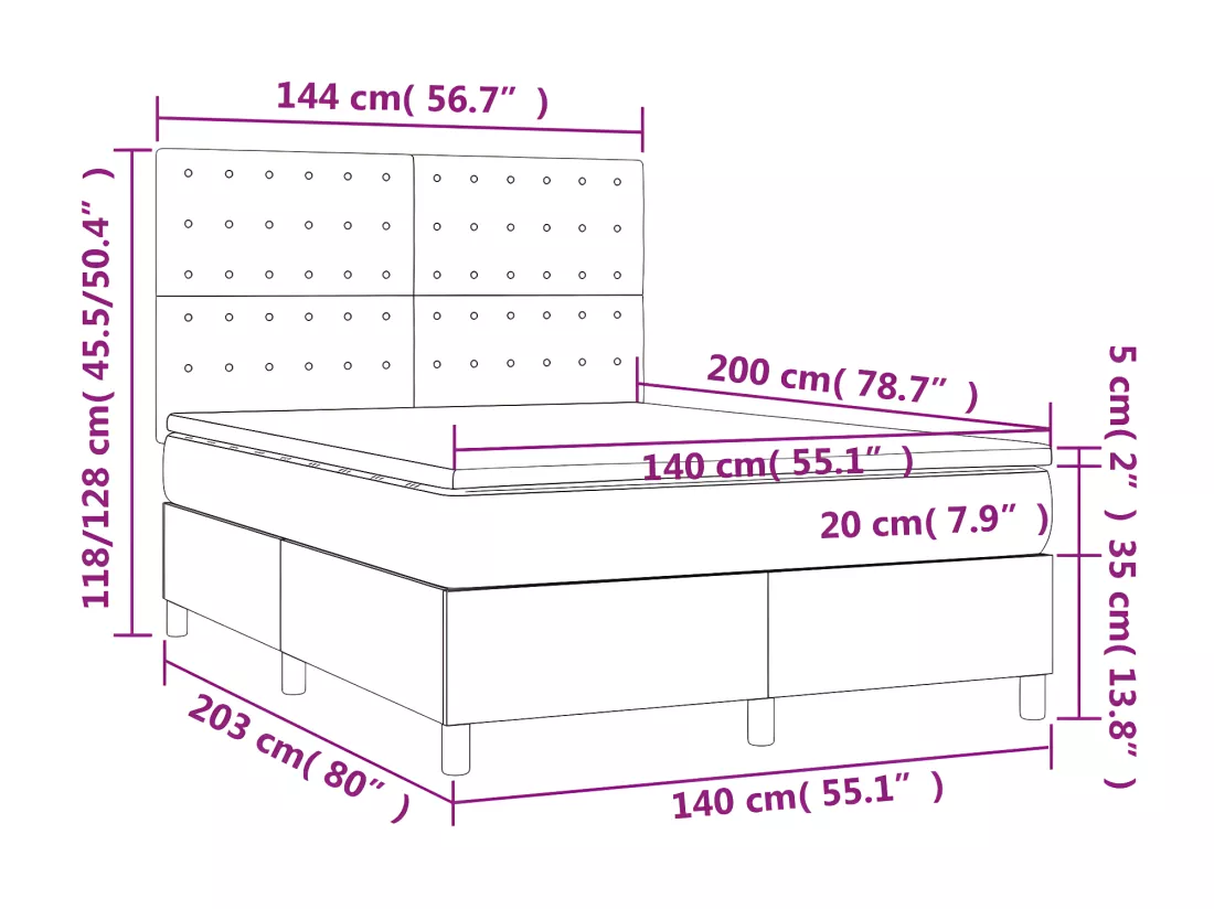 Sommier tapissier matelas et LED Vert foncé 140x200 cm Velours