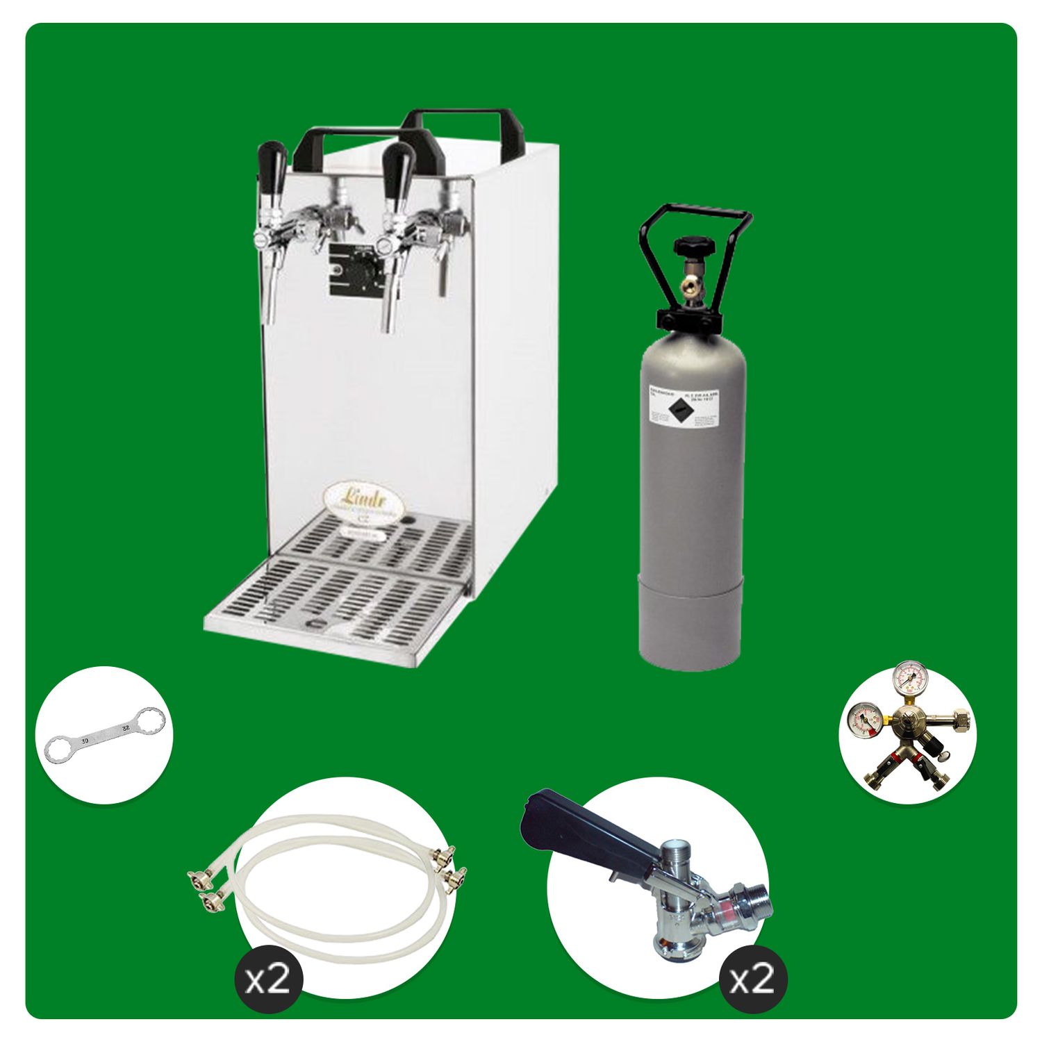 Komplett Set - Zapfanlage, Bierzapfanlage - Kontakt 40 2-leitig Trockenkühler, Durchlaufkühler 50 Liter/h, Green Line, Korb,Flach