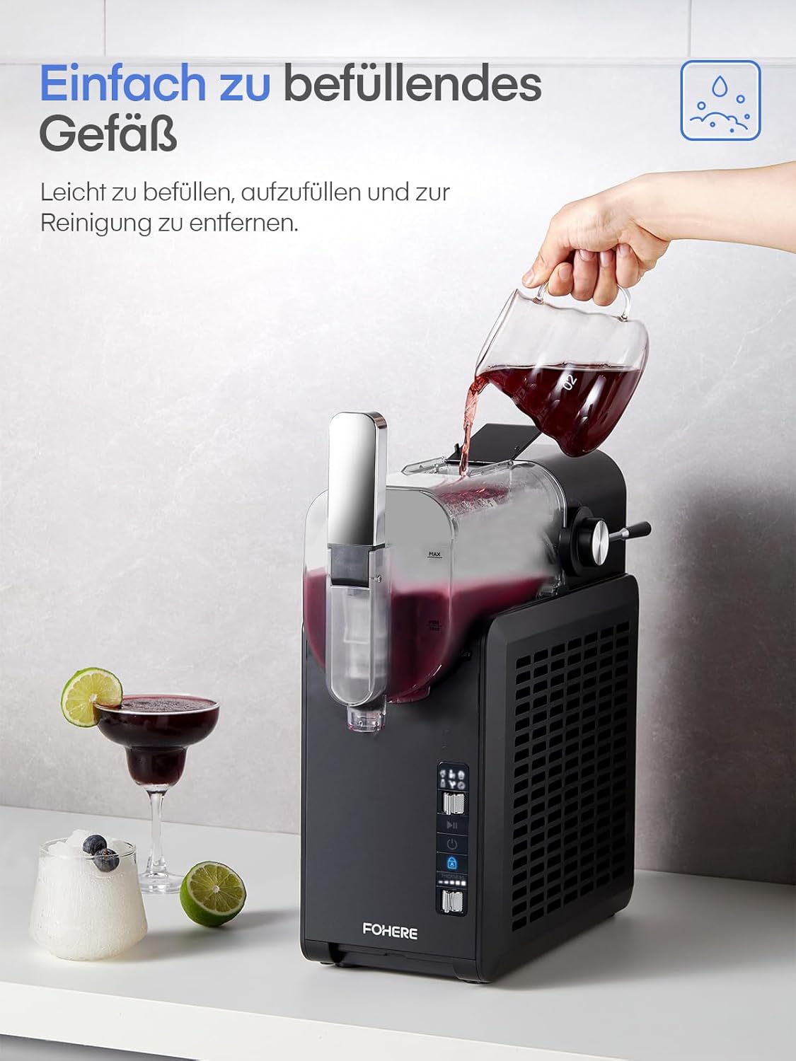 FOHERE Slush Maschine 2L für zu Hause, keine Eiswürfel erforderlich, Selbstreinigung, 5-in-1 Slushie Maschine mit 5 Einstellungen für Slush, Cocktail, Frappé, Milchshake, Wein, Quickfreeze-Technology