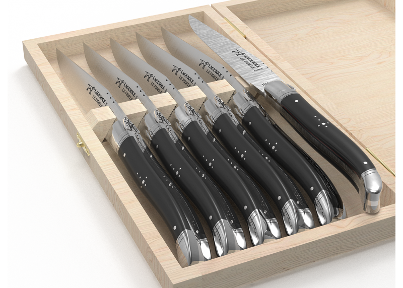Service de 6 couteaux Laguiole avec un manche en bois d'ébène et mitres en acier inoxydable