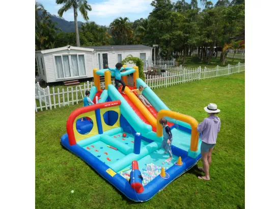 Château gonflable, parc aquatique, avec souffleur, 2 toboggan et pistolet à eau, 3 à 8 ans, 365x450x217cm