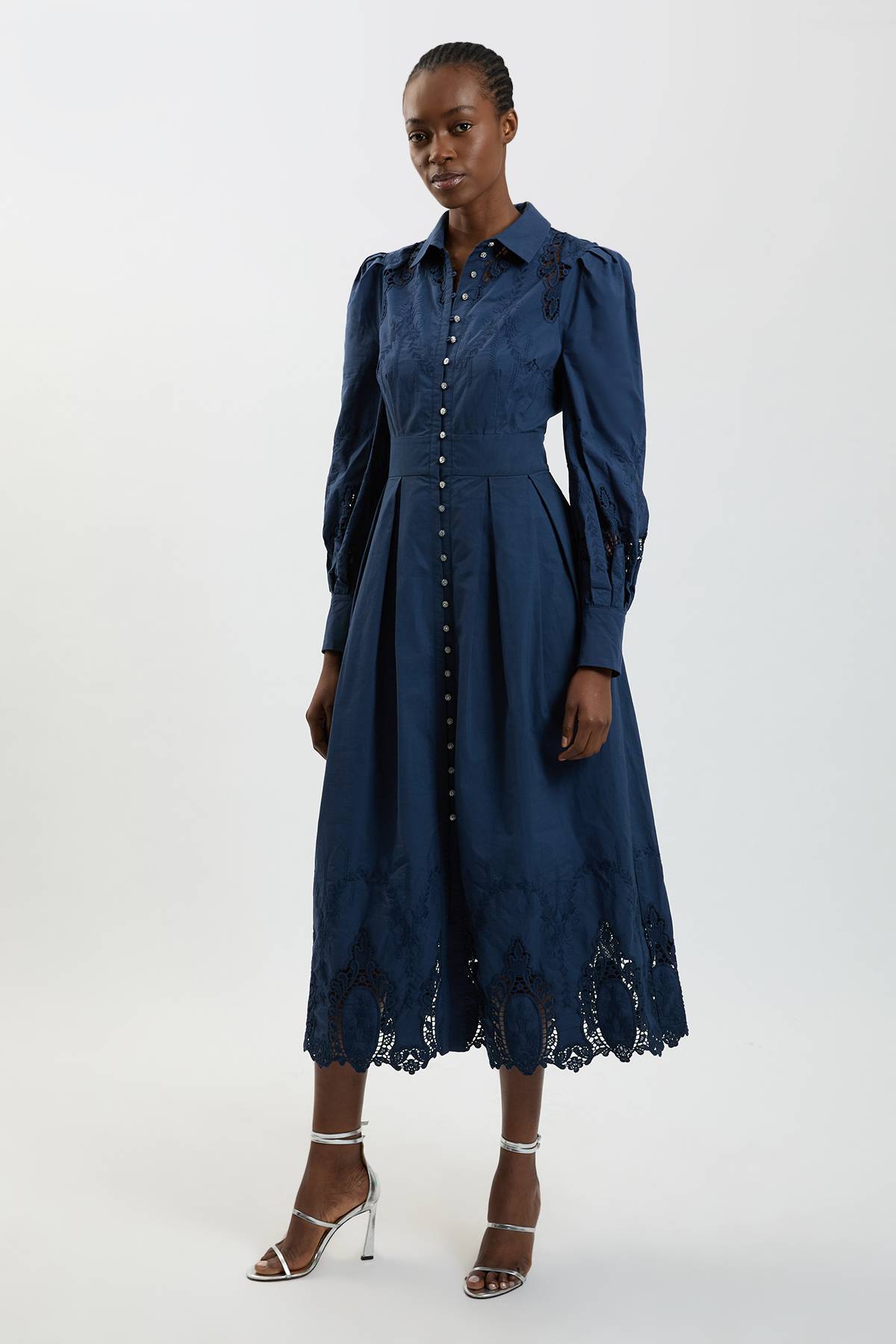 KarenMillen Robe Midi En Coton Tissé À Broderie Anglaise Et Manches Ballon