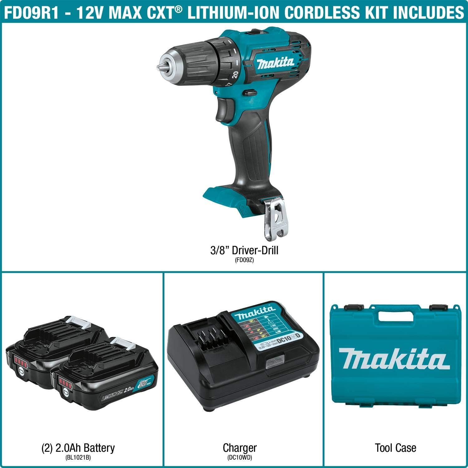 Makita FD09R1 12V max CXT&reg; Lithium-Ion Cordless 3/8" Driver-Drill Kit (2.0Ah)