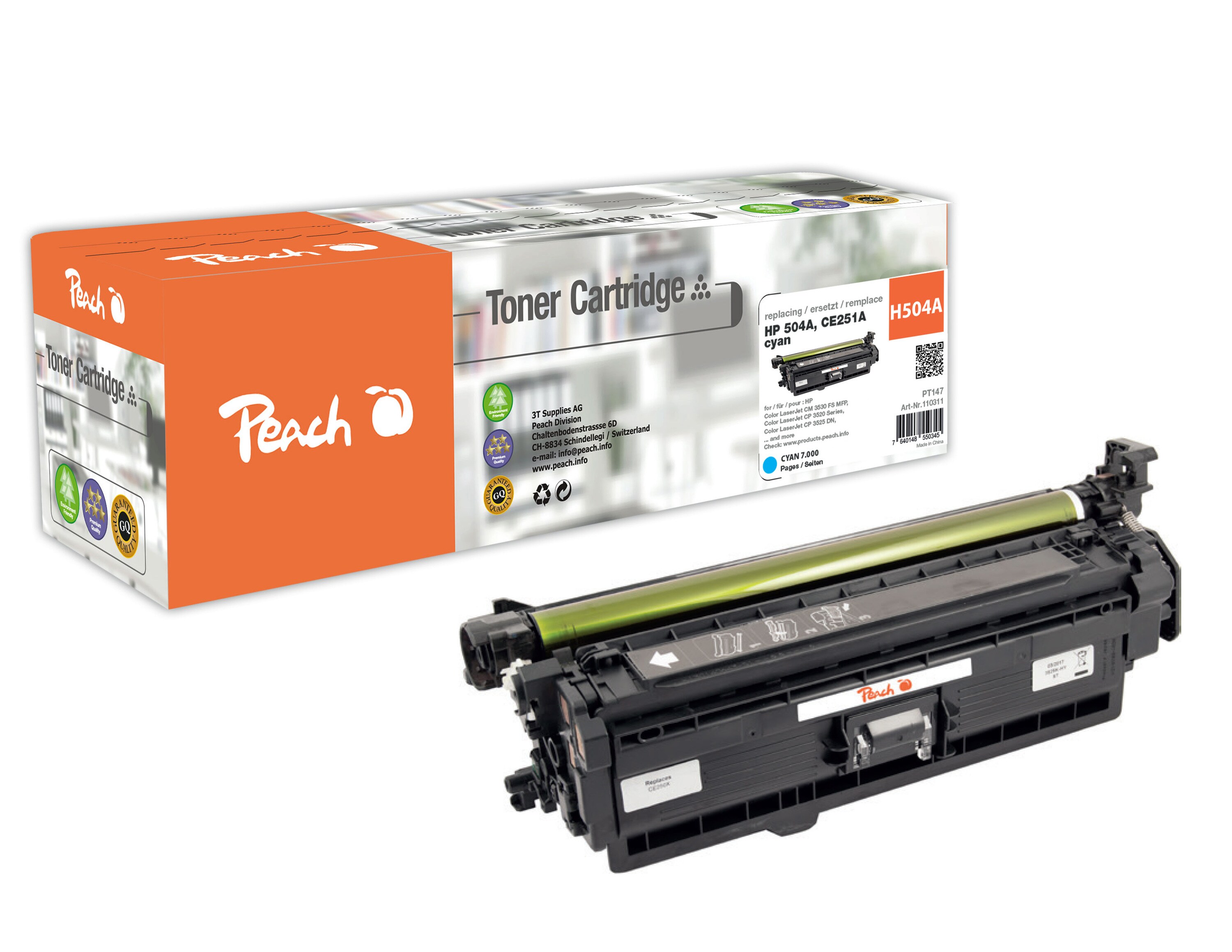 Peach HP 504 AC Toner cy ersetzt HP No. 504A C, CE251A für z.B. HP Color LaserJet CM 3500, HP Color LaserJet CM 3530 FS MFP (wiederaufbereitet)