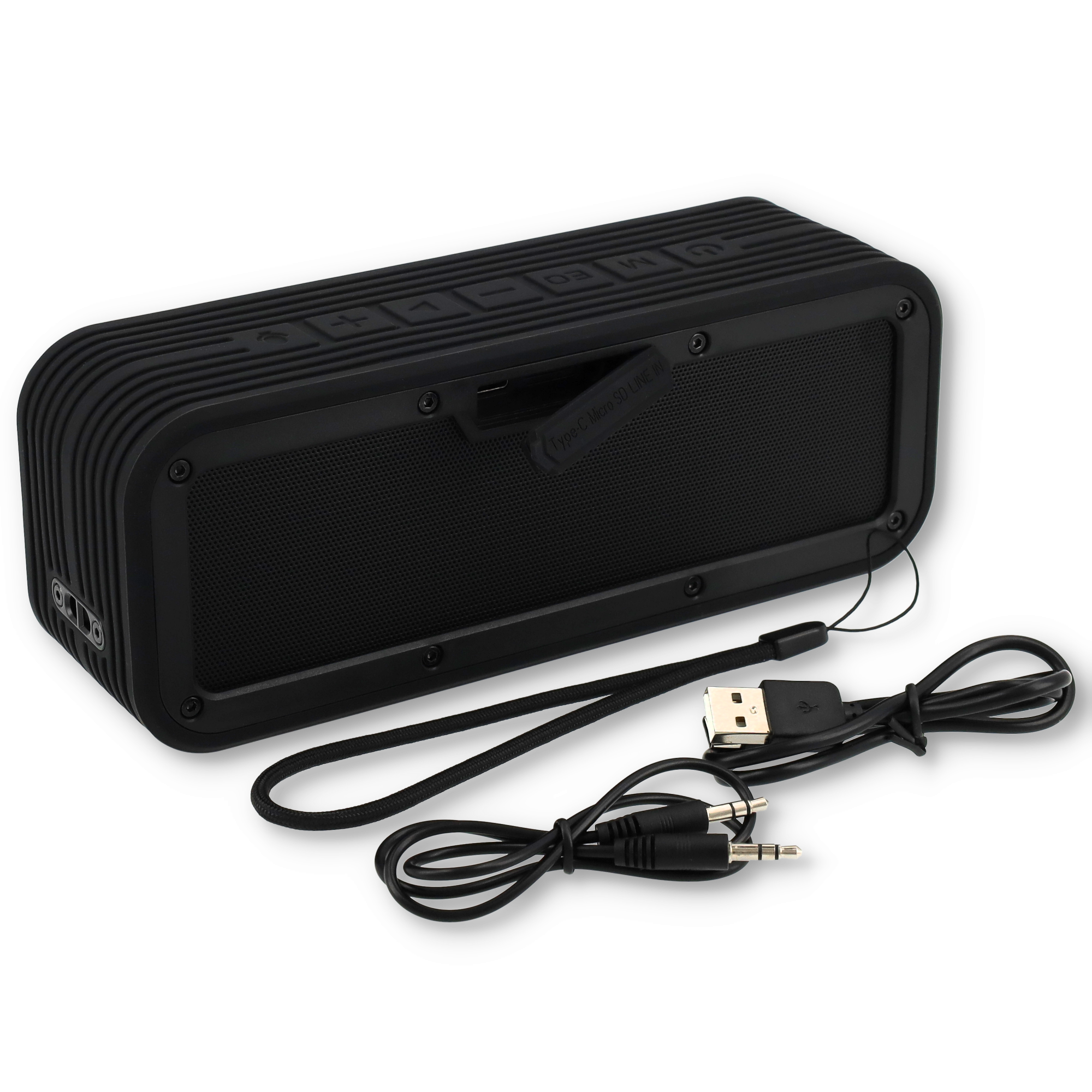 50W Bluetooth Lautsprecher Power Bass Subwoofer Spritzwasserfest (IPX7) Aux In / USB C / Micro SD Kartenslot   Handschlaufe - Schwarz