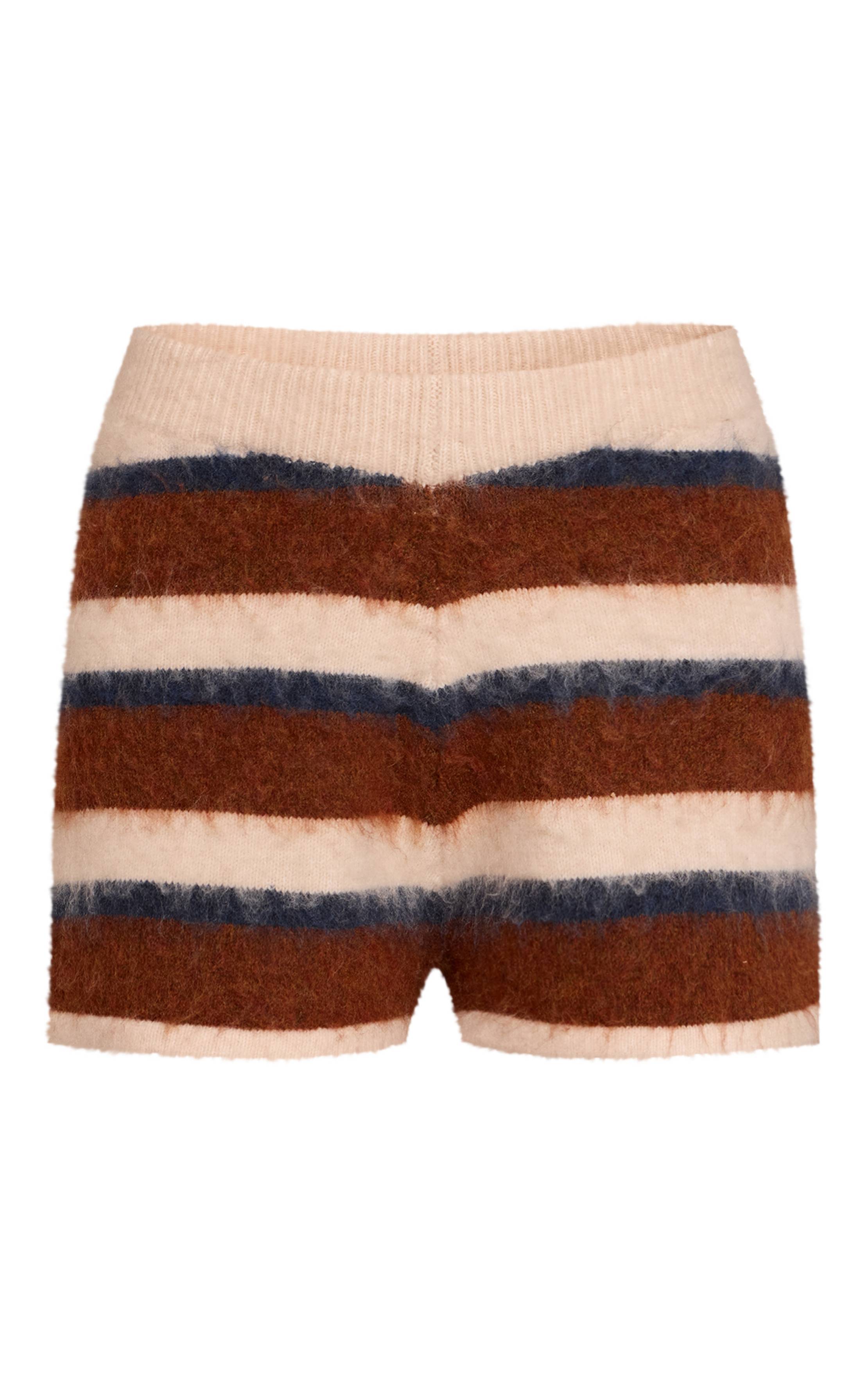 Marron Short En Maille Brossée À Rayures
