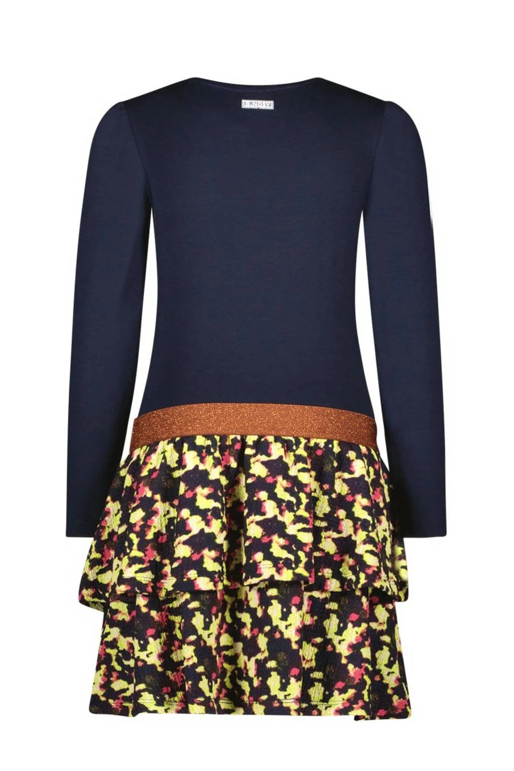 B.Nosy jurk Daphne met all over print donkerblauw/neongroen/felroze