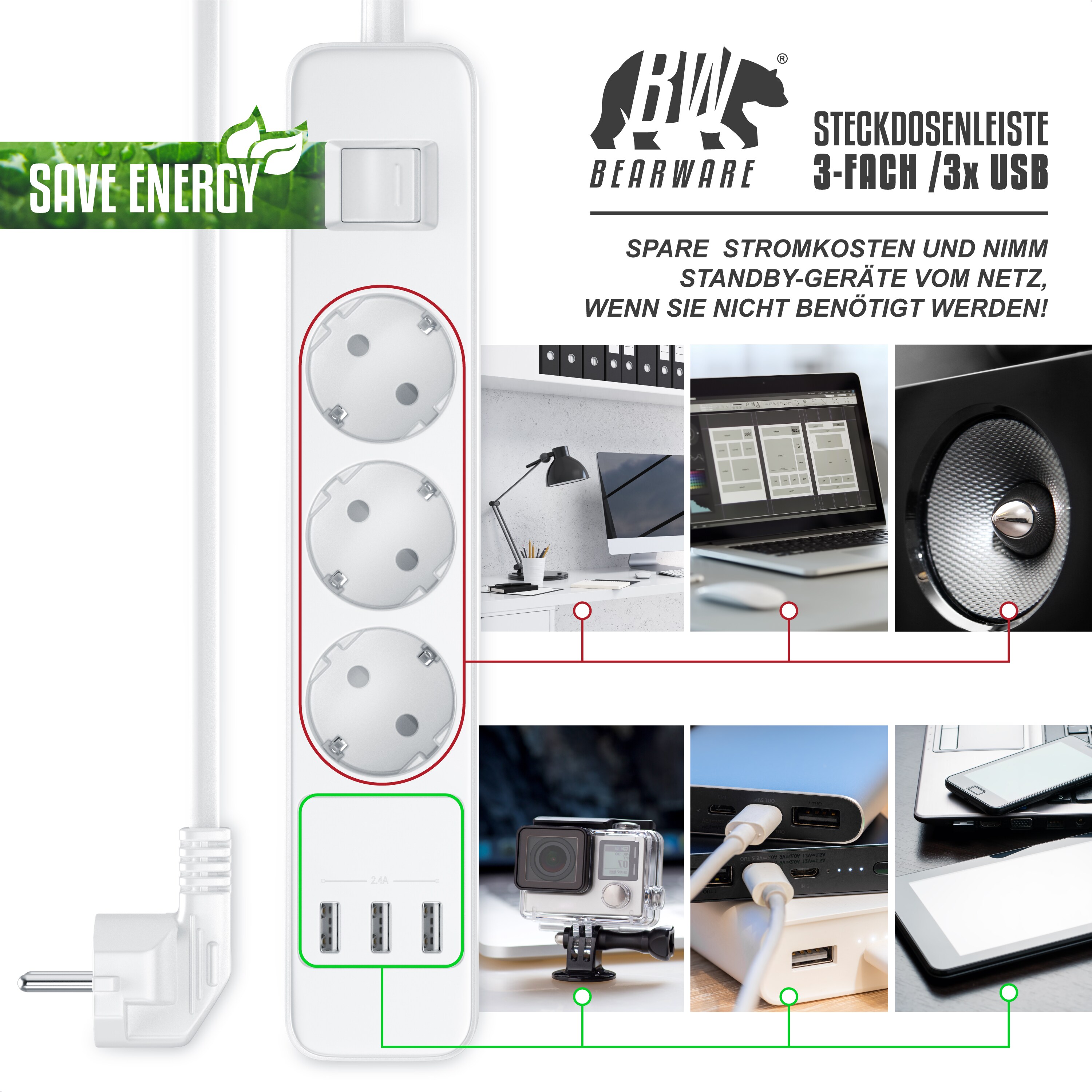BEARWARE Steckdosenleiste Mehrfachsteckdose Steckerleiste 3680W, 3-fach