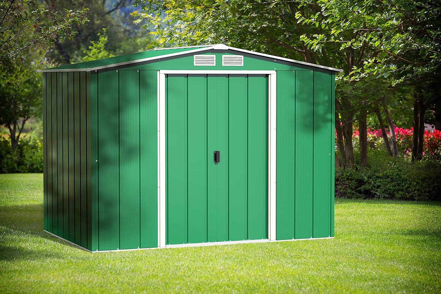 Duramax ECO 10 x 8 (7.28 m²) Abri de Jardin en Métal Galvanisé à Chaud, Abri de Stockage d'Outils, Structure de Toit Renforcée, Abri en Métal Sans Entretien, Vert