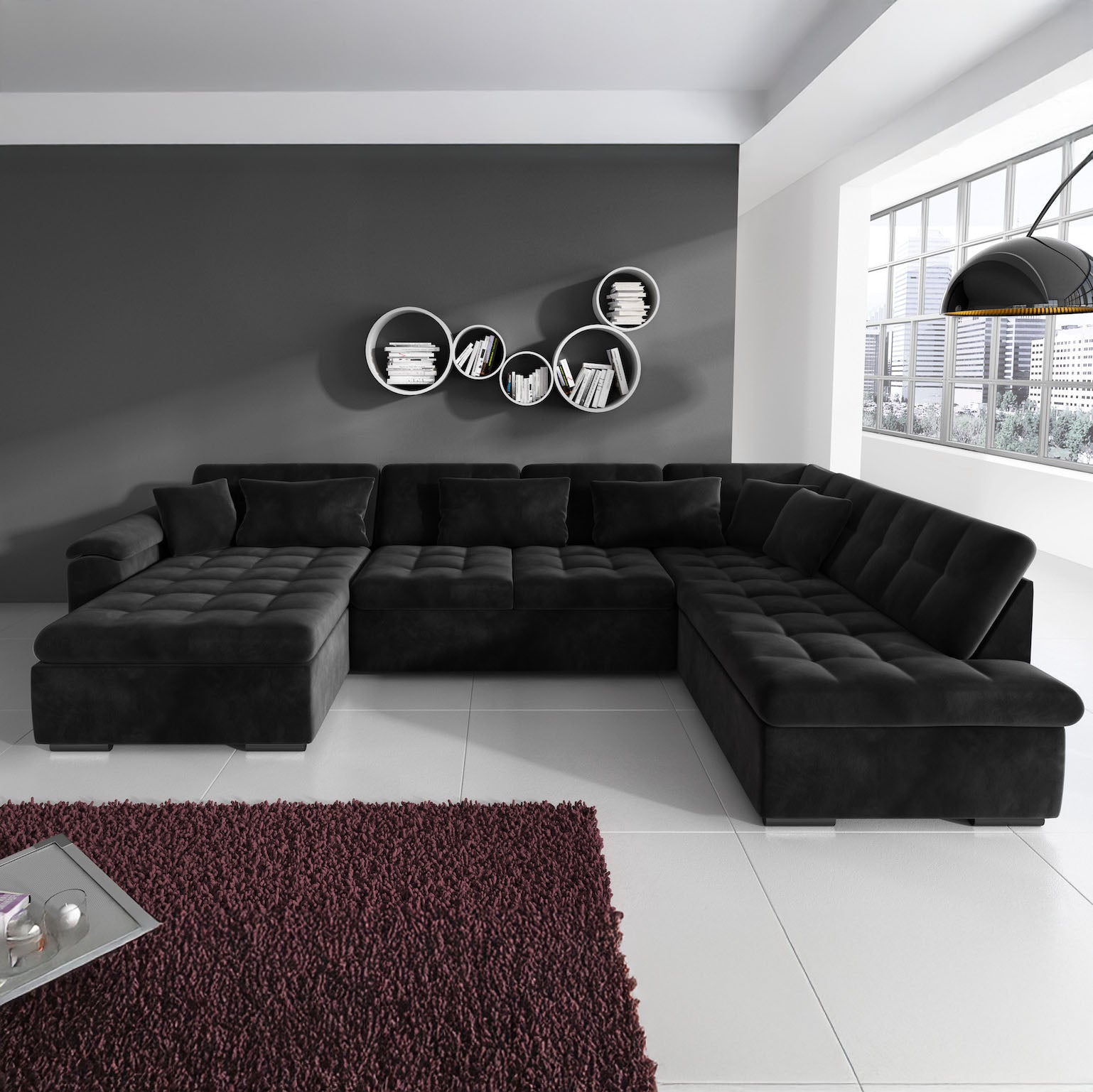 Nicoreta - Hoekbank 5-zits met chaise longue - Velvet zwart - Links