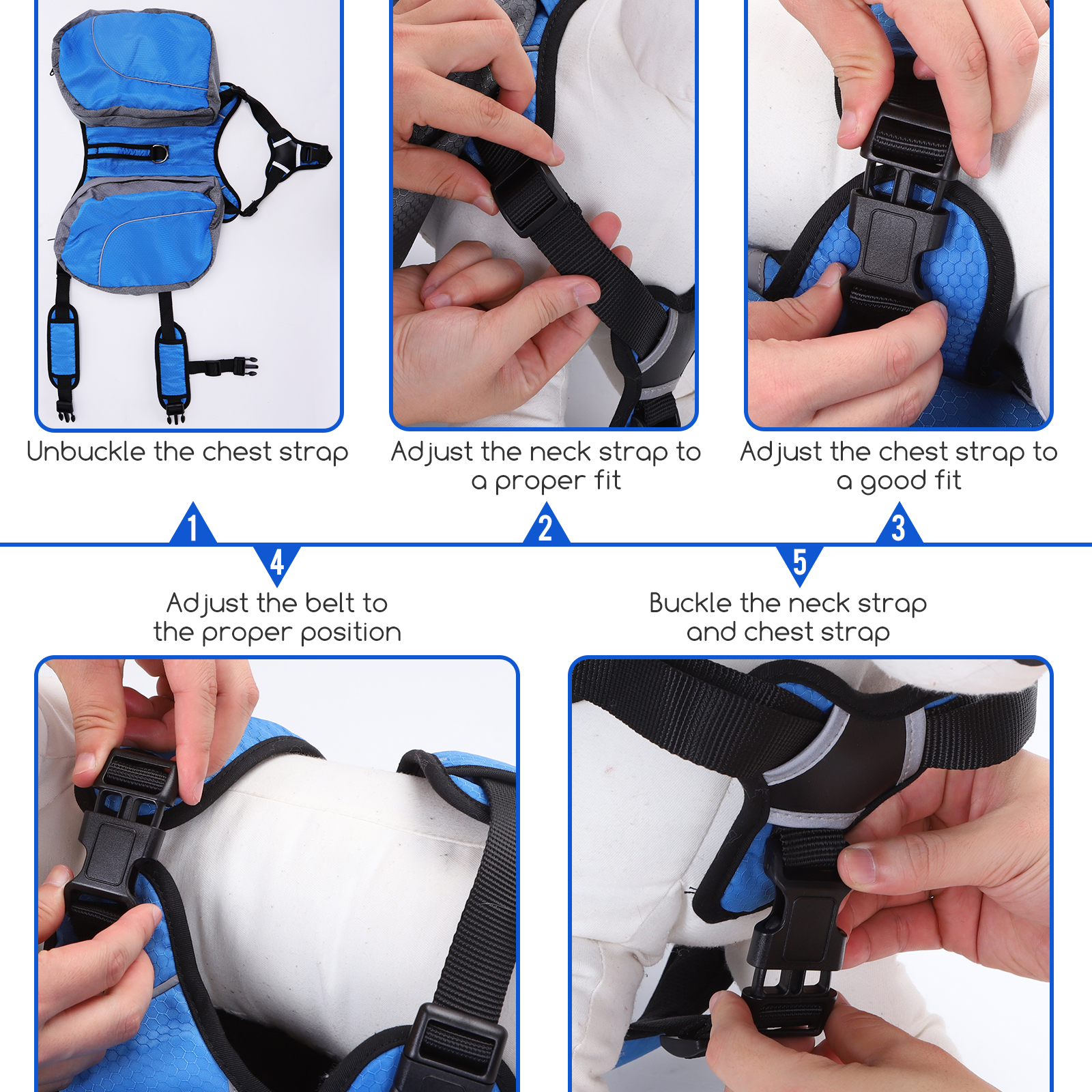 Nobleza - Mochila Colete com Arnês para Cães, Bolsa de Ombro Ajustável, Bolsa de Transporte para Caminhadas, Trekking e Camping com Faixa Refletora para Animais de Estimação, Azul - Tamanho G