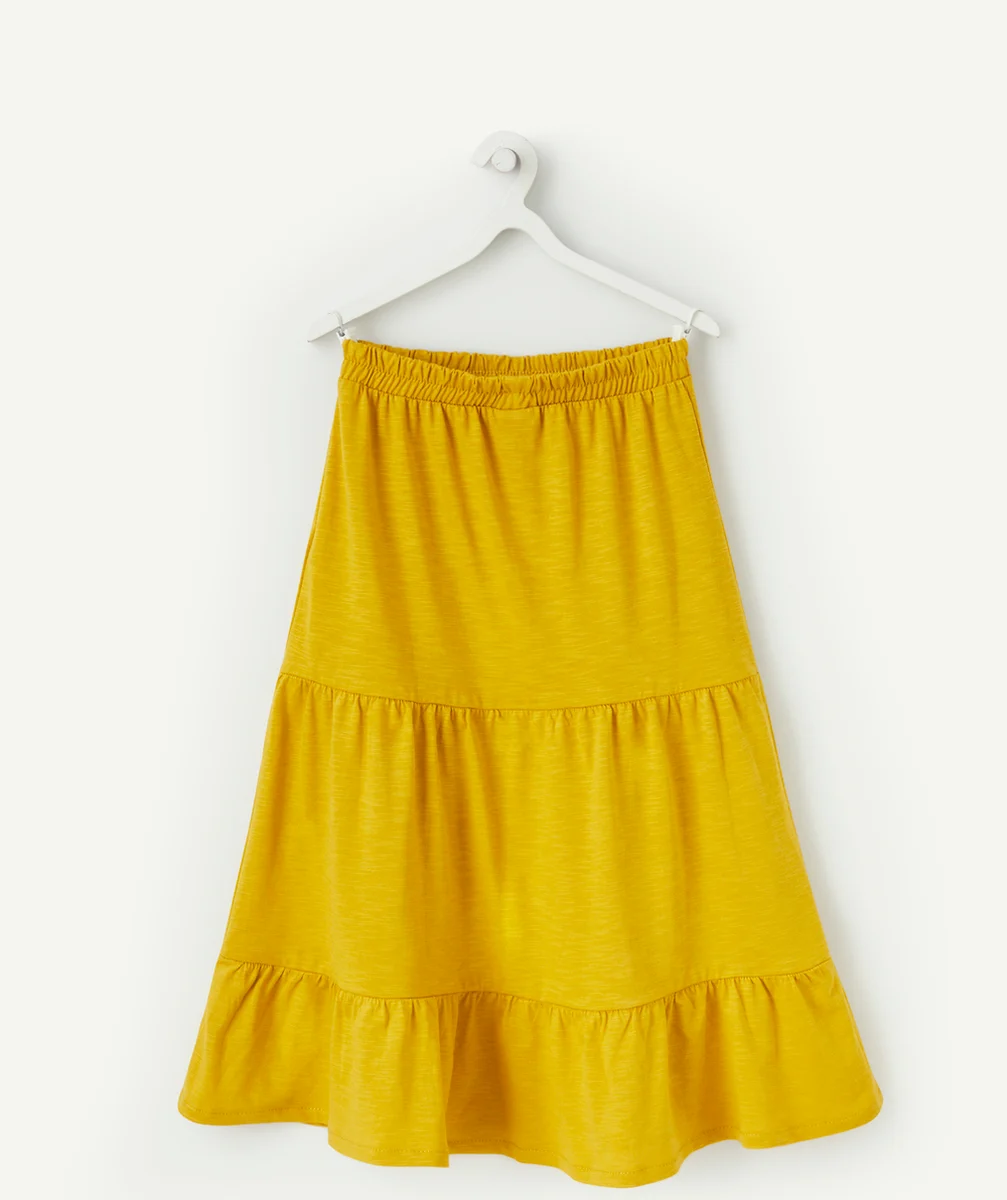 JUPE LONGUE À VOLANTS FILLE EN COTON JAUNE MOUTARDE