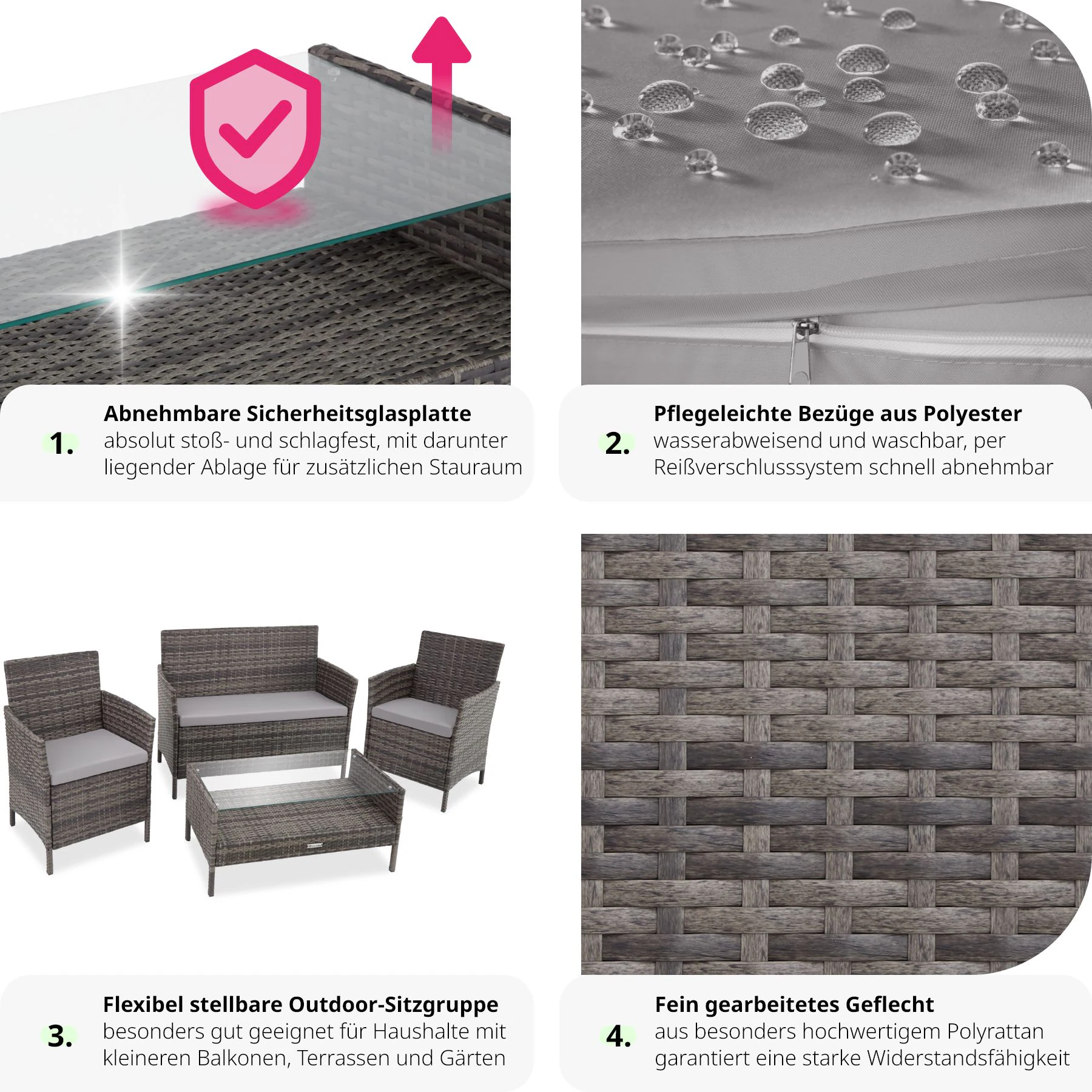 tectake® Rattan Sitzgruppe, für 4 Personen, UV-beständig, einfacher Aufbau