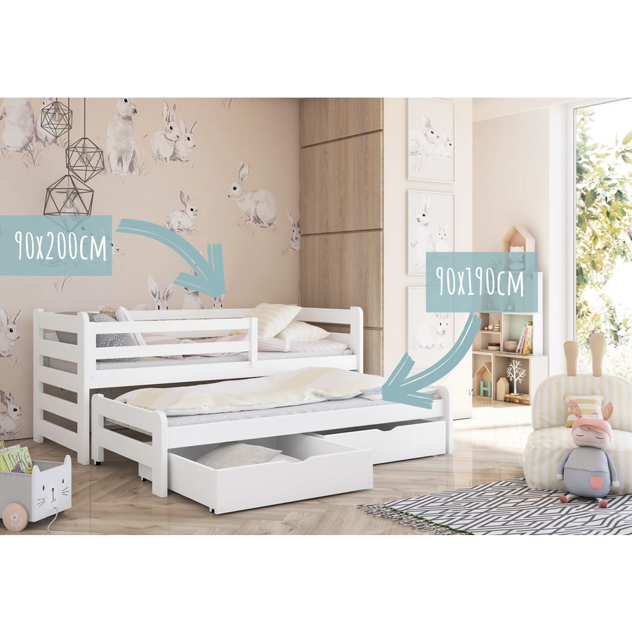Kids Collective Einzelbett 90x200 mit Rausziehbett 90x190 mit 2 Schubladen, Rausfallschutz weiß