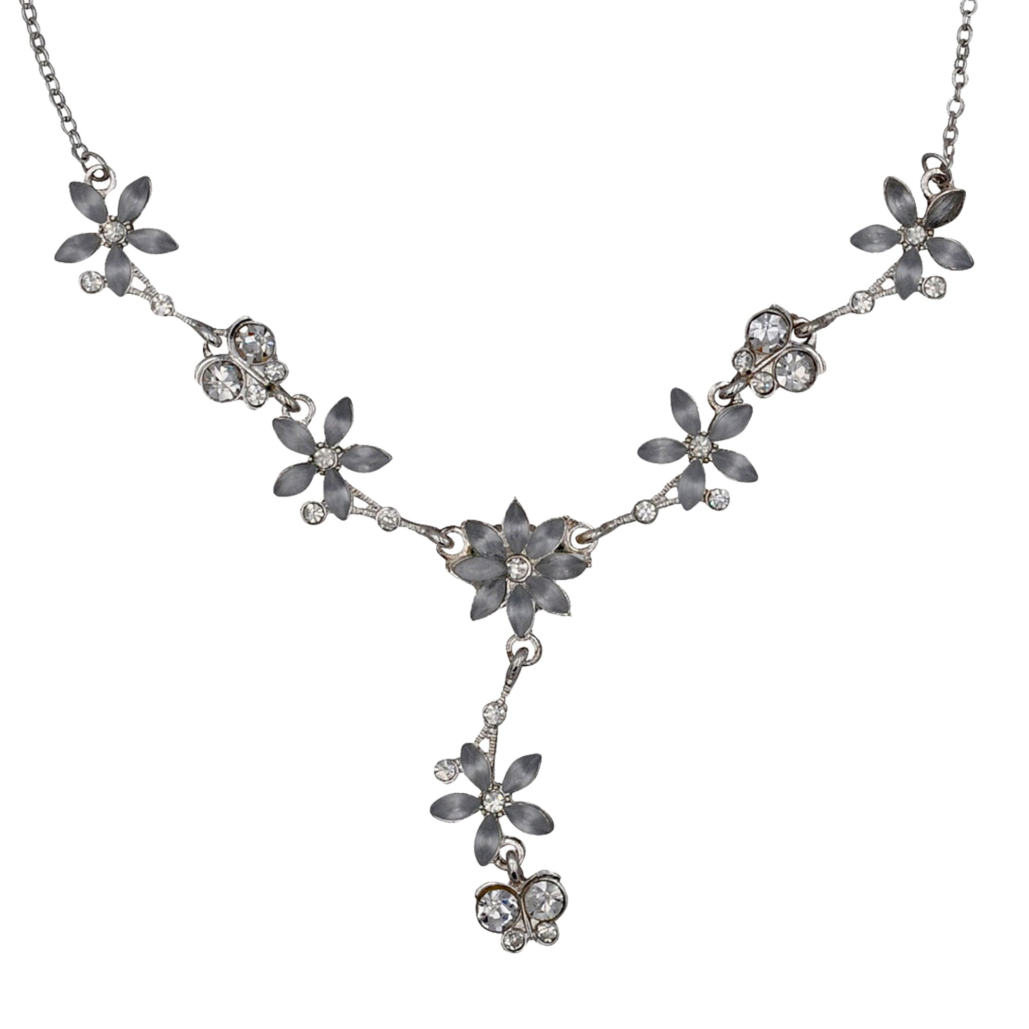 Steuer Modeschmuck Collierkette Metall Y-Collier silberf. Mit Blumen und Schmetterlingen