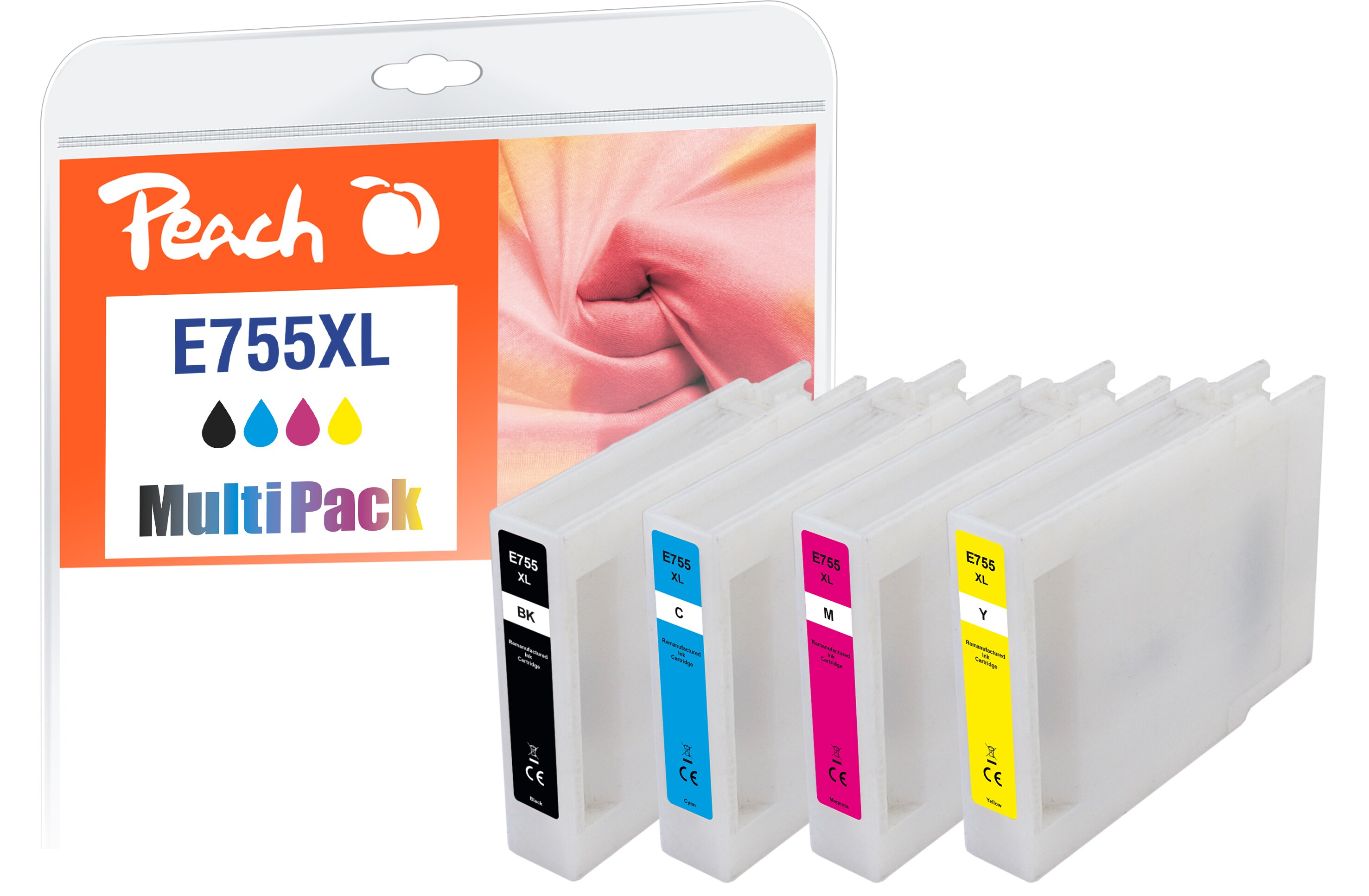 Peach E754/755/756 XL 4 Druckerpatronen XL (bk, c/m/y) ersetzt Epson T755XL für z.B. Epson WorkForce Pro WF -6530 MFP, Epson WorkForce Pro WF -8090 (wiederaufbereitet)