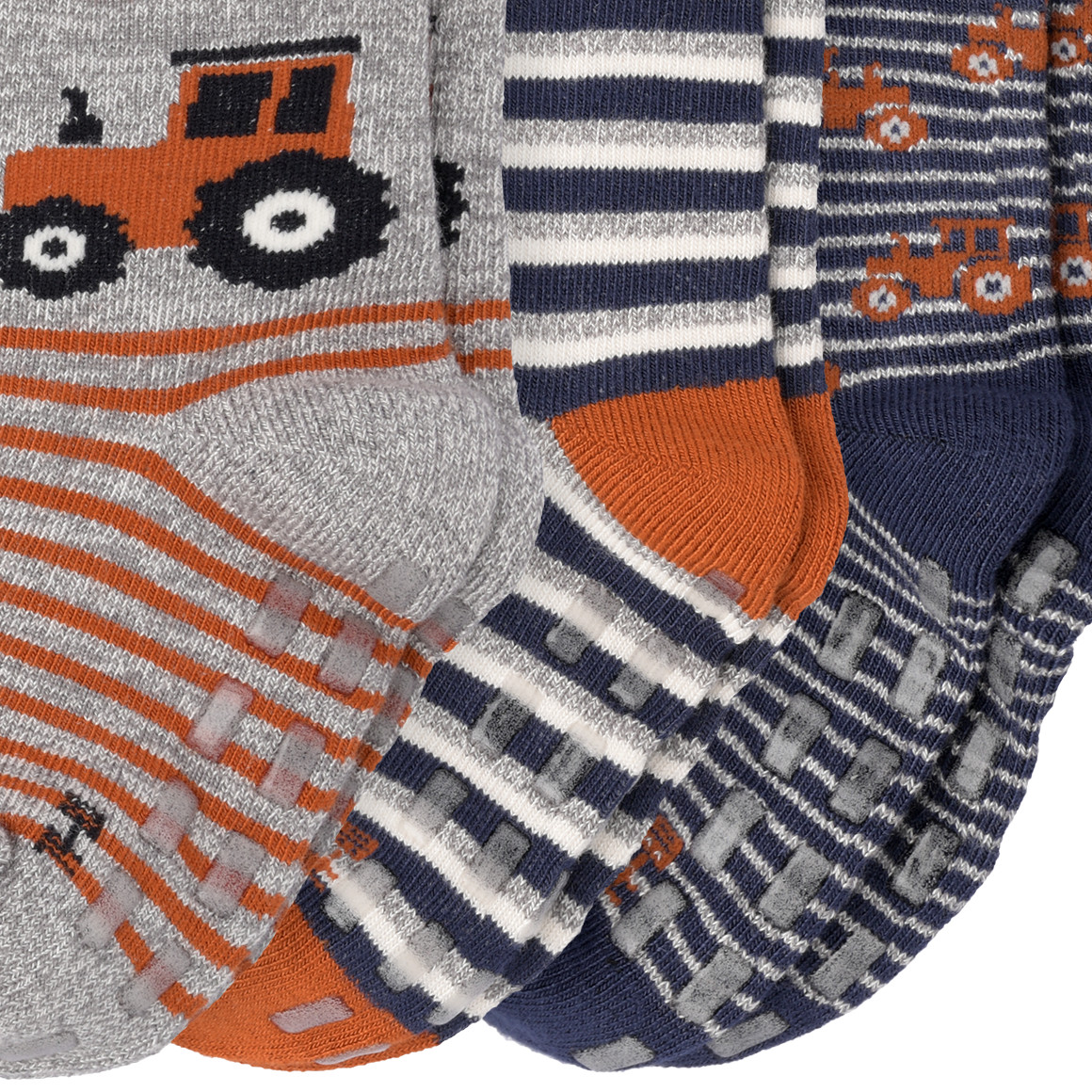 3 Paar Baby Stoppersocken mit Treckern hellgrau / dunkelblau / hellbraun