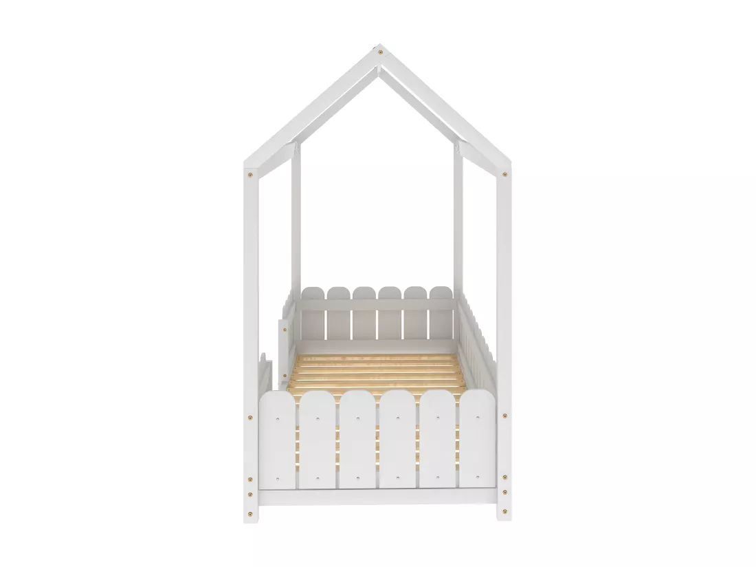 Lit cabane enfant - 90 x 200 cm - bois massif - barrière et sommier à lattes - blanc