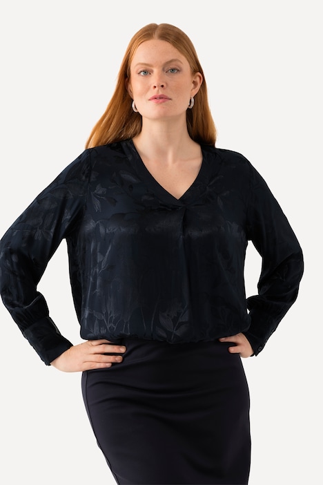 Bluse, florales Jacquardmuster, V-Ausschnitt, Langarm
