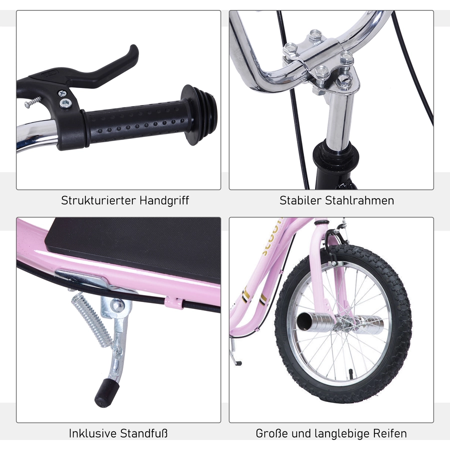 HOMCOM Kinderroller Mit Handbremse, extra dicker Luftbereifung, Höhenverstellbarer Lenker rosa