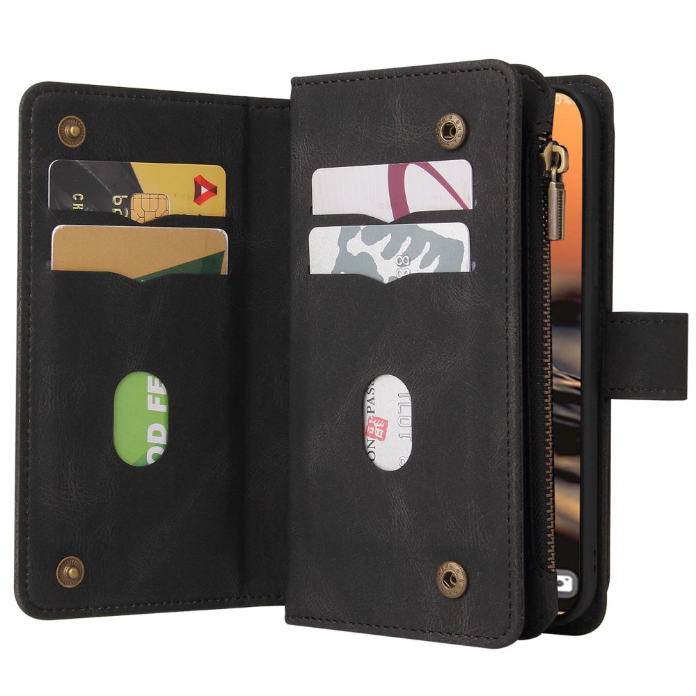 Samsung Galaxy S23 Ultra 5G Leder Wallet Etui Tasche mit 15 Kartenfächern   Münzfach - Schwarz