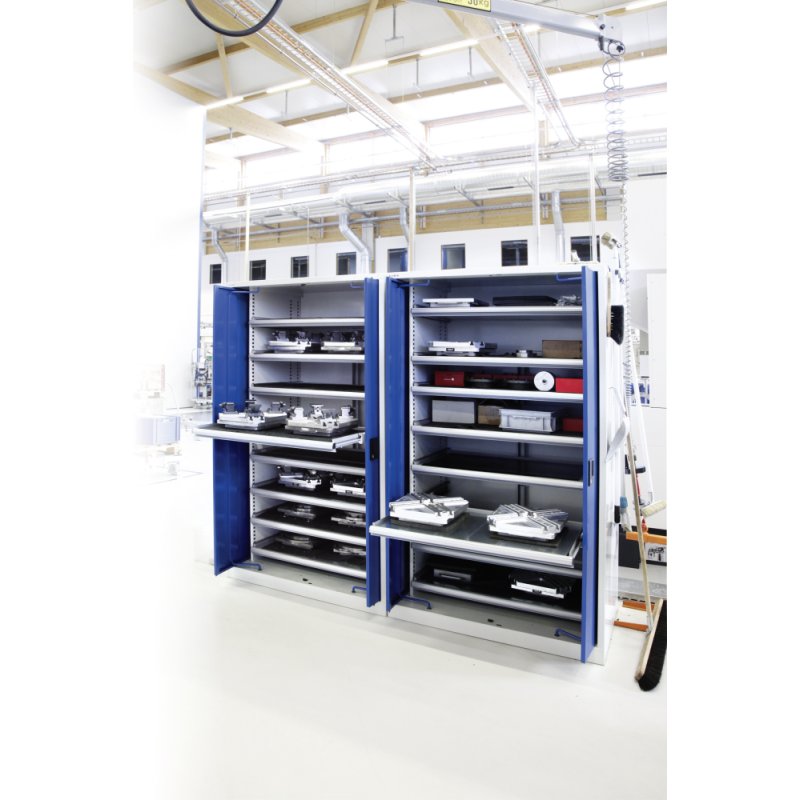 Armoire à charges lourdes avec 2 portes escamotables à fenêtre transparente Lista H 195 x L 114,6 x P 69 cm 2 étagères amovibles, 3 tiroirs et 2 étagères extensibles Key Lock