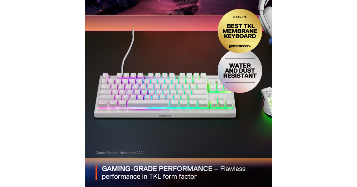 SteelSeriesApex 3 TKL, gaming toetsenbord  (Wit, US lay-out, SteelSeries Whisper-Quiet, RGB leds, TKL)