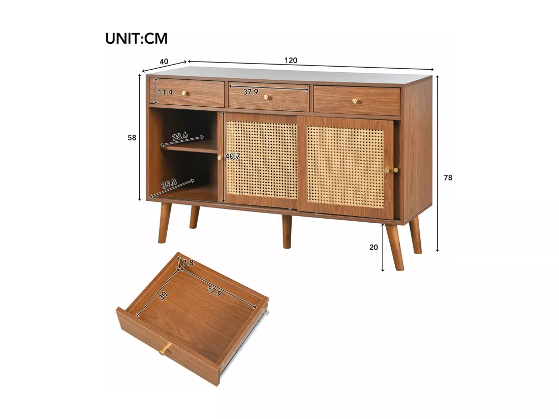 Buffet en noyer avec tiroirs et portes coulissantes en rotin, noyer,d120cm×h78cm