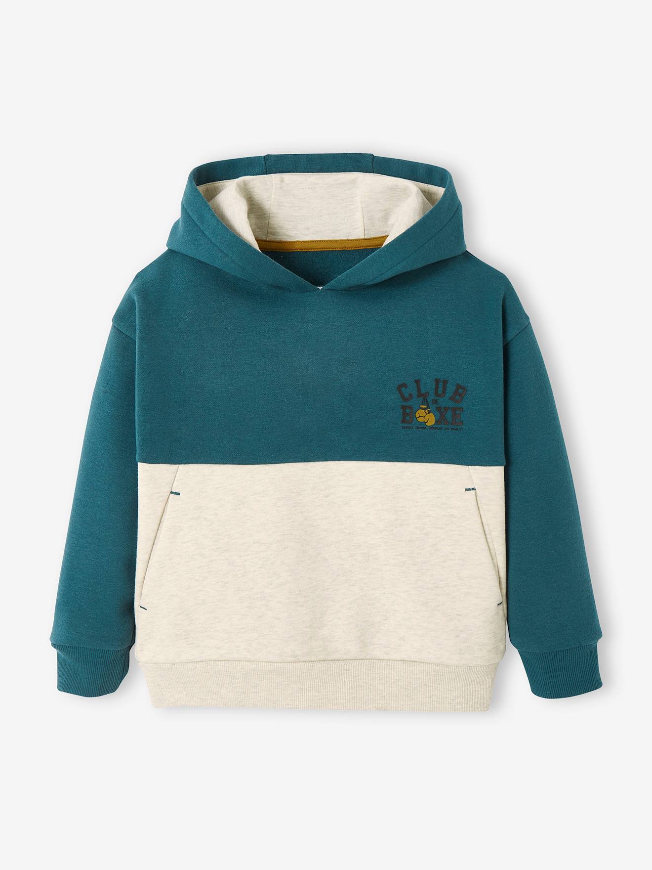 Moletom esportivo com capuz e blocos de cores, azul escuro liso com estampas, para meninos.