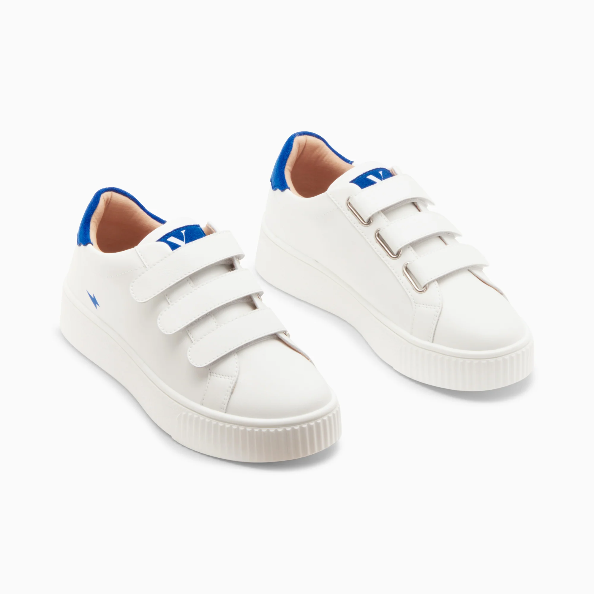 Sneakers-Baskets mini éclair Solange blanc et bleu à scratchs