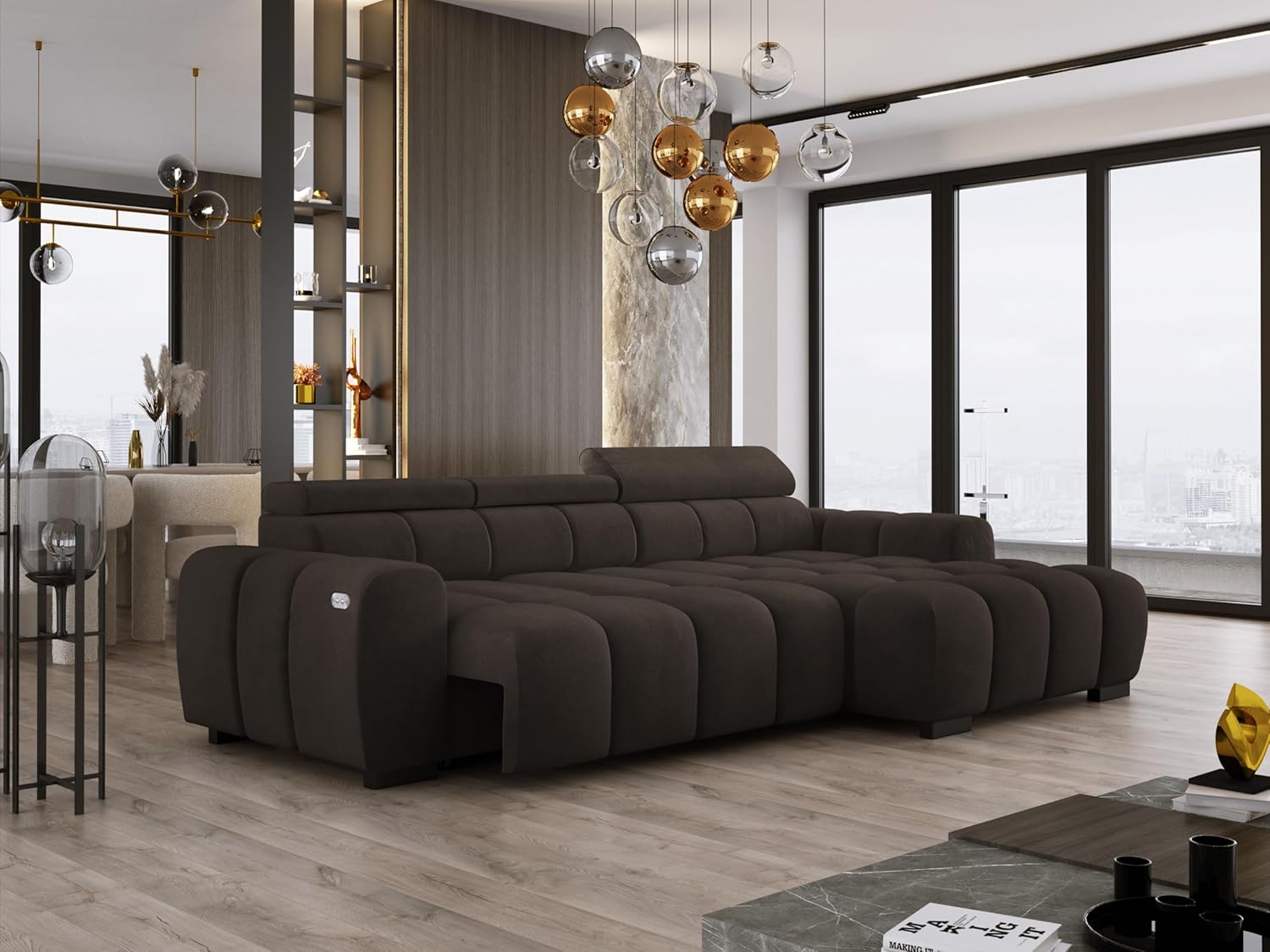 Ecksofa OMBO 285x168x77/97 cm, Rechte Seite Mit Schlaffunktion, Elektrisch Ausziehbarer Sitzfläche, Verstellbaren Kopfstützen, Dunklen Buchenholzfüßen, Hydrophobem SALVADOR-Bezugstoff - Grau