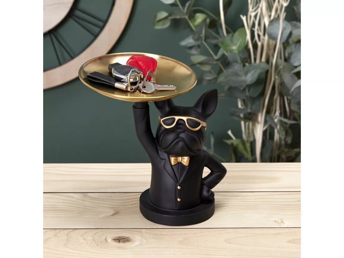 Sculpture Deco Bulldog Noir Vide Poche 23cm